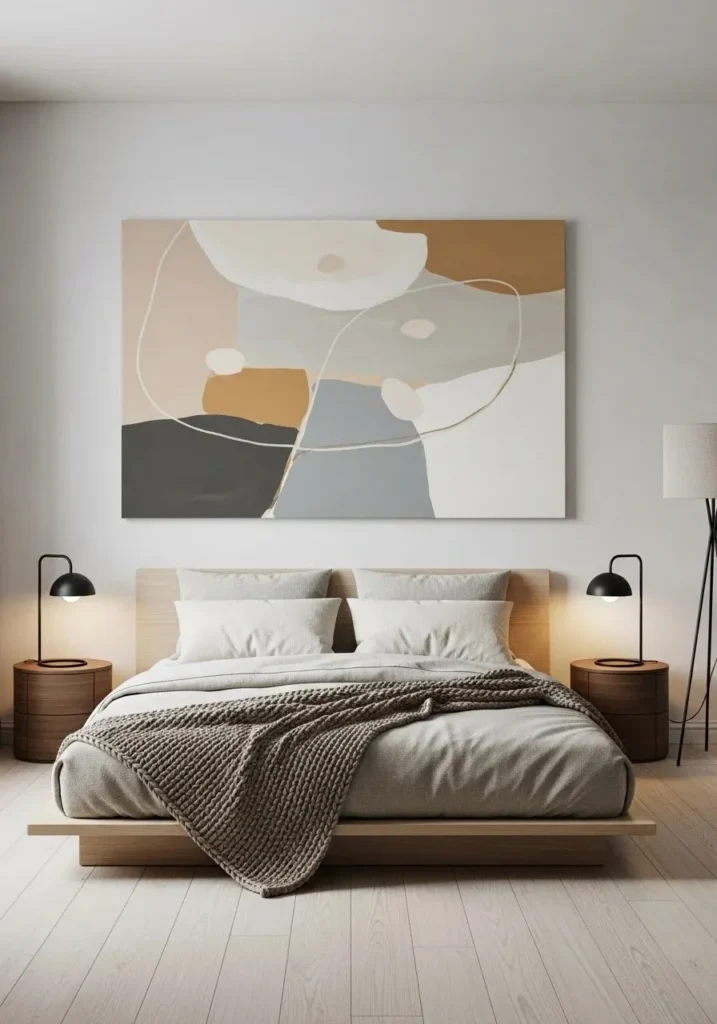 large statement artwork above bed in modern bedroom
