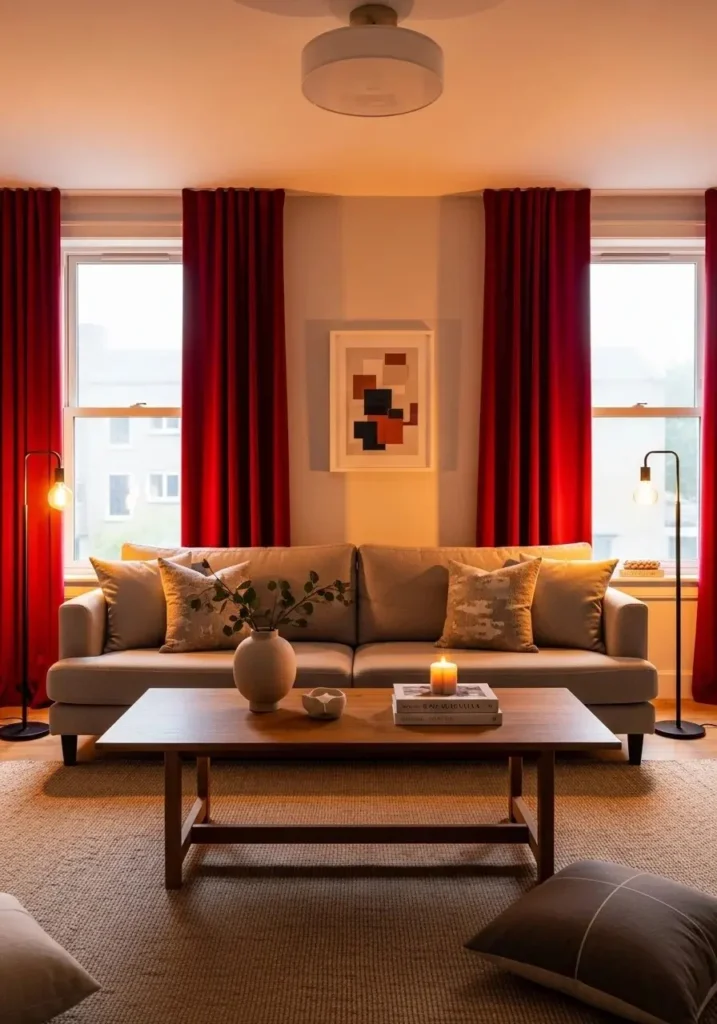 Bold red curtains creating a dramatic focal point in a cozy living room.