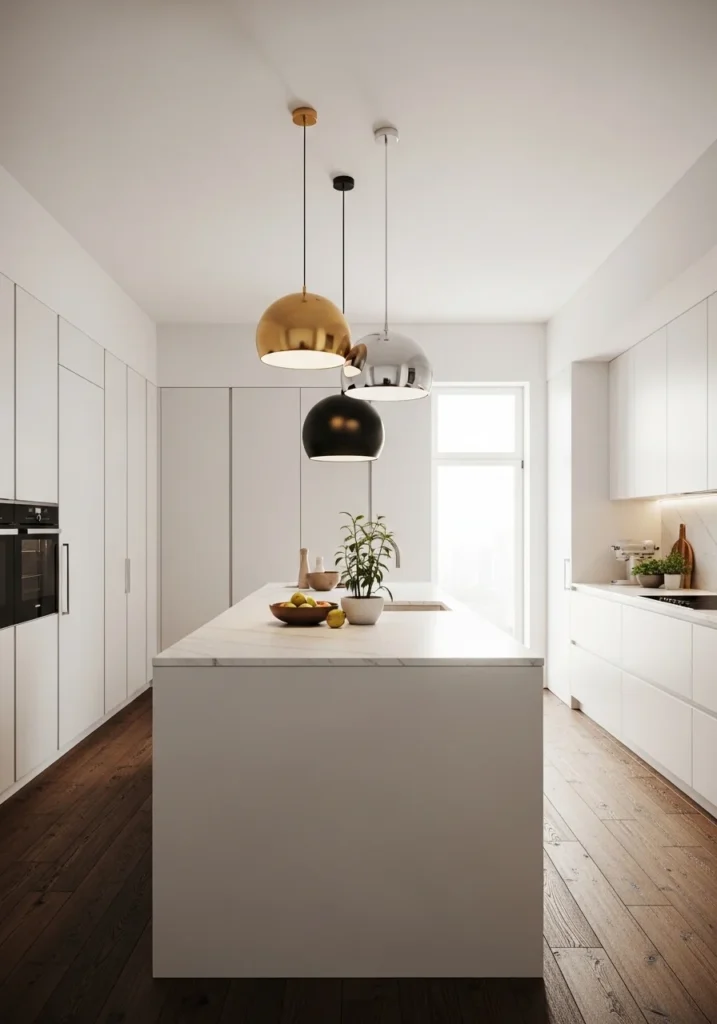 Mixed metal pendant lights above a kitchen island adding designer depth and interest.