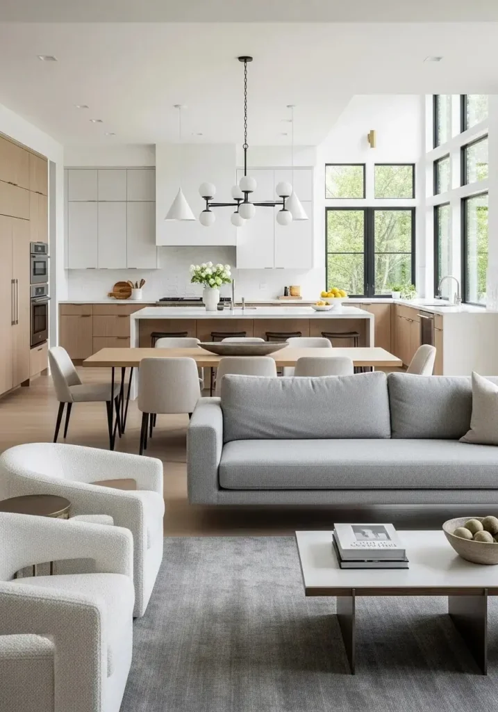 Floating sofa dividing living and dining space in open layout