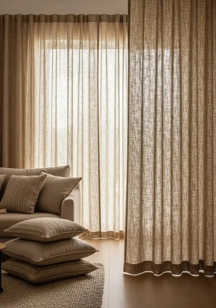 Textured curtains adding depth and interest to a warm, inviting living room.