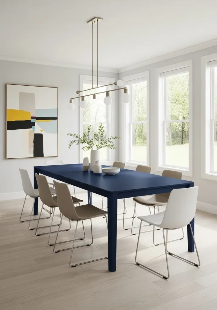 Dining room featuring a painted bold-colored dining table.