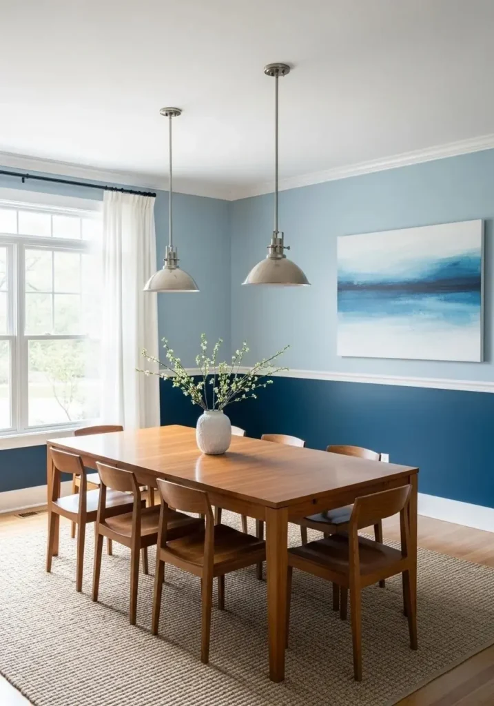 Two-tone blue walls dining room with wooden table and white chair rail.