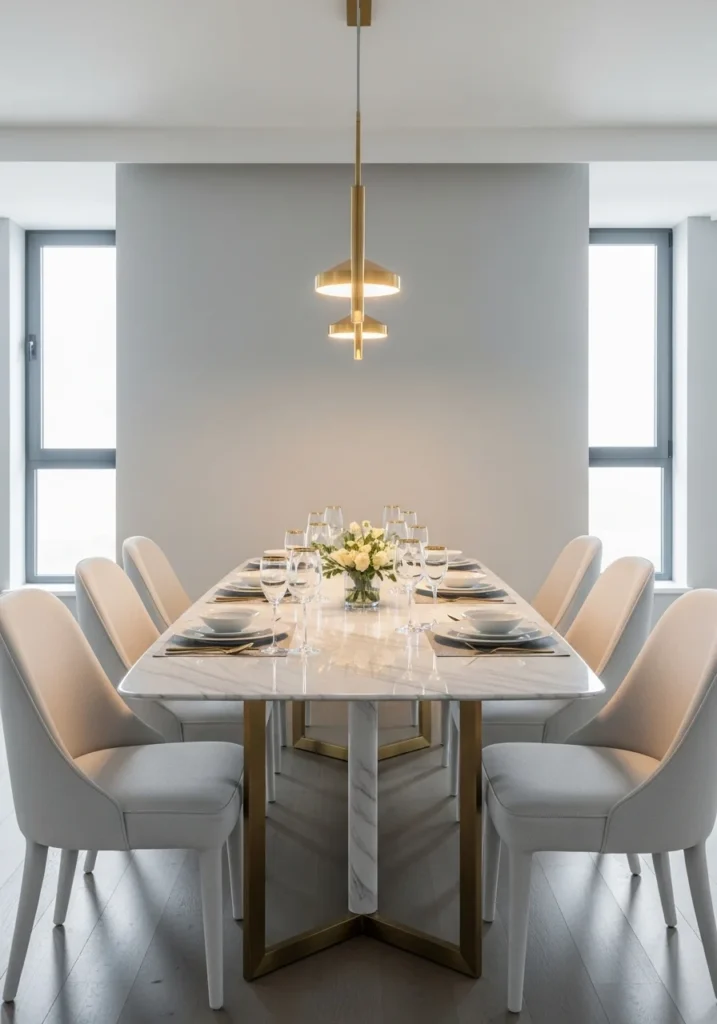 Elegant white marble dining table with gold accents and upholstered chairs in a stylish dining room.