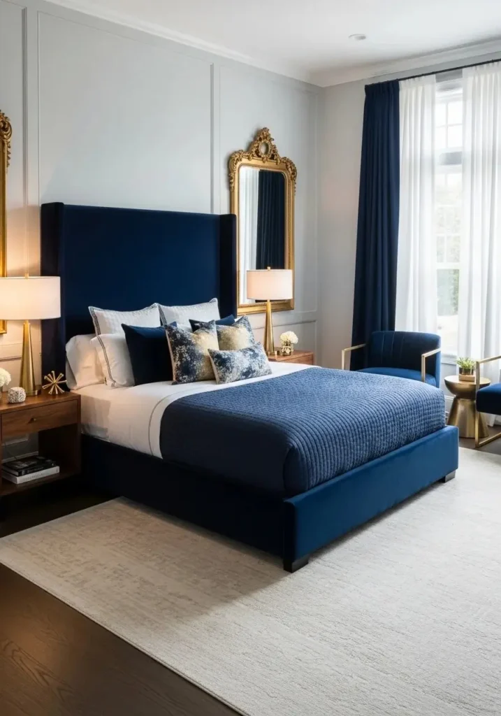 master bedroom with bold velvet statement headboard