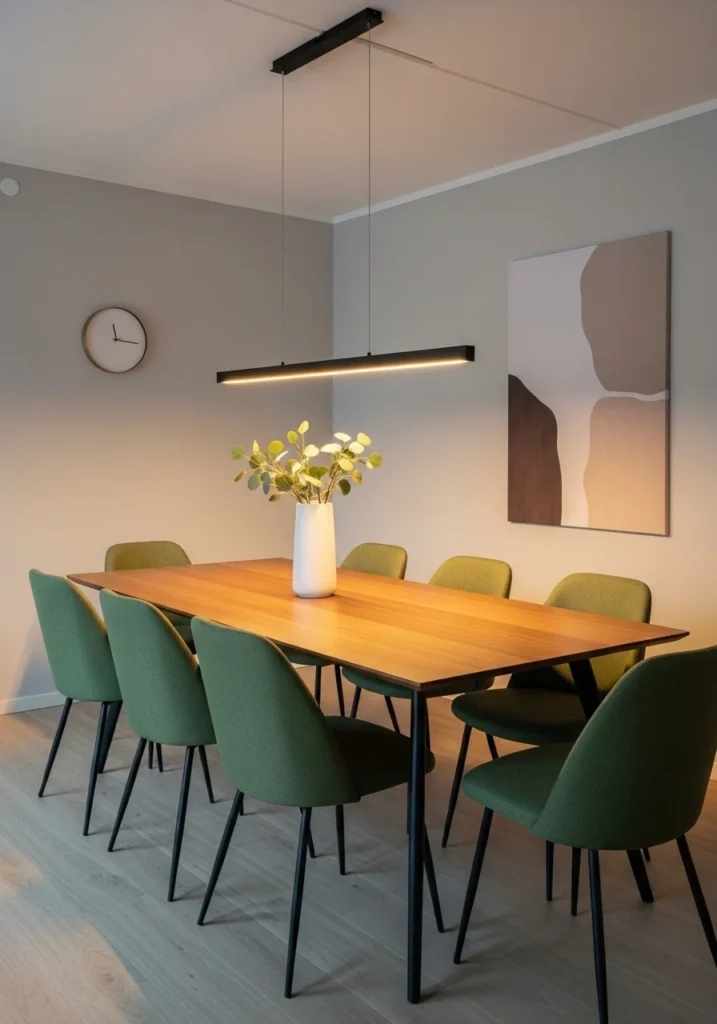 green upholstered dining chairs around wooden dining table