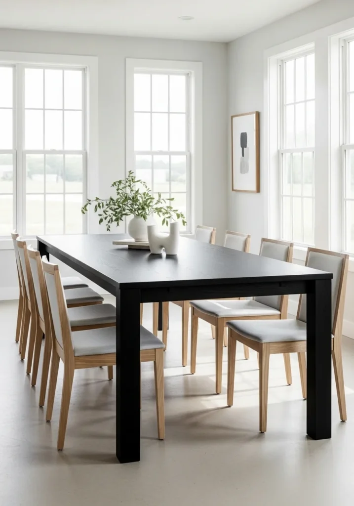 Black dining table as statement centerpiece with light chairs in a bright dining room.