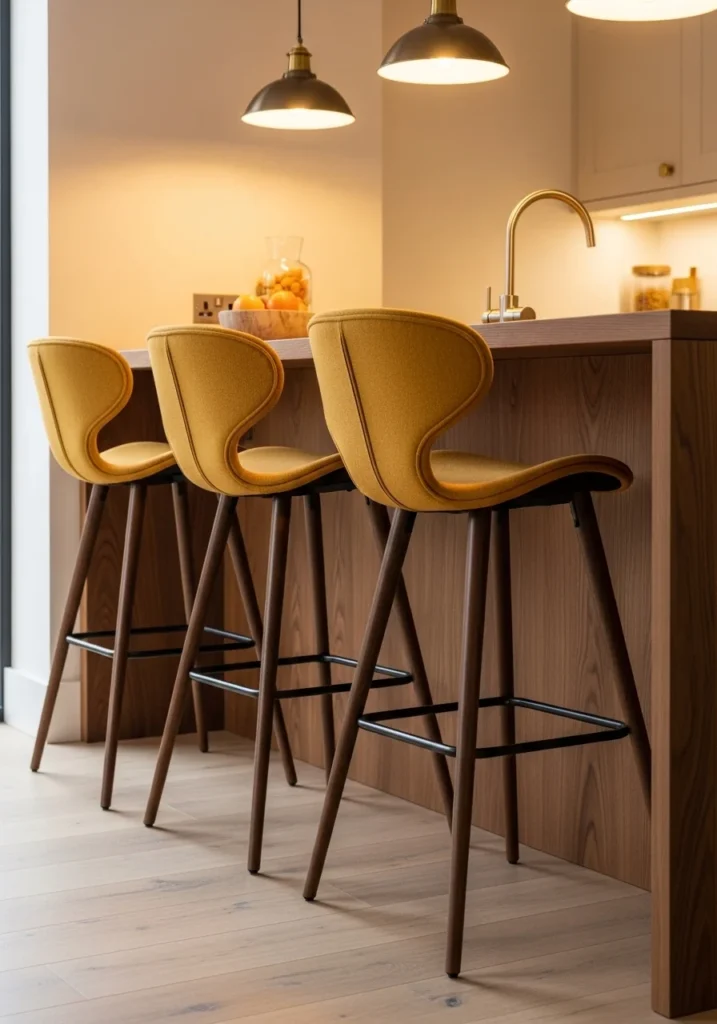 Mid-century modern bar stools at a kitchen island combining style and comfort.