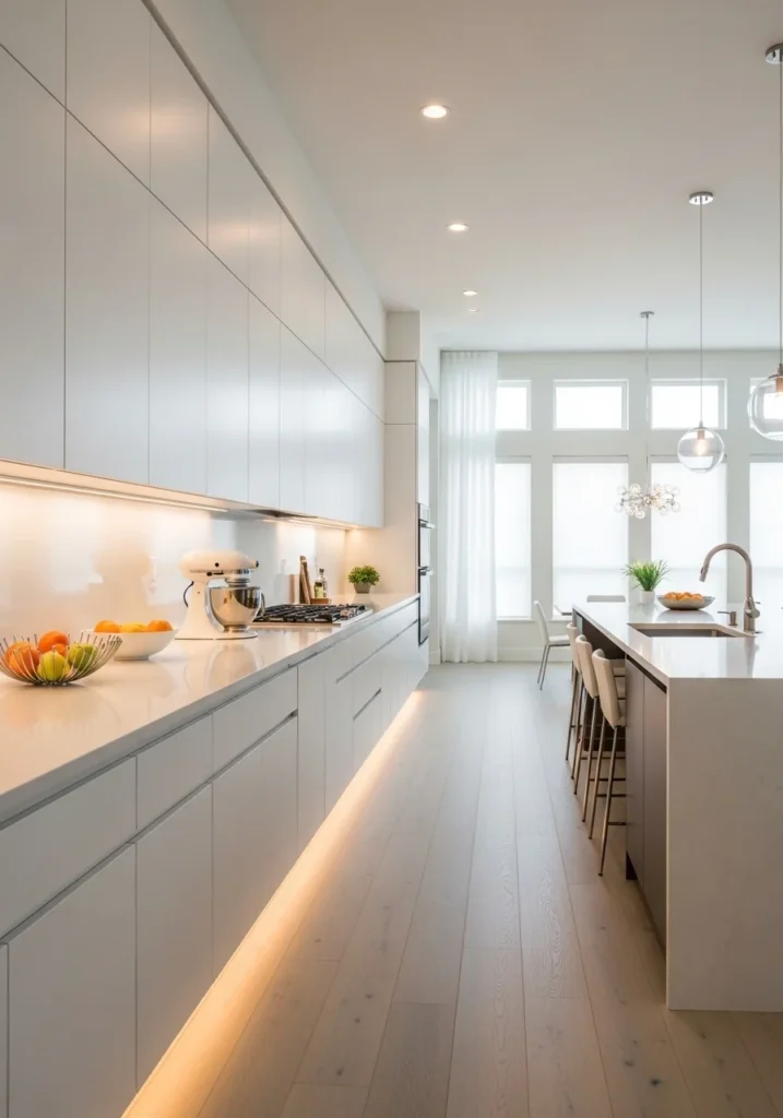 Neutral-toned long kitchen with a central marble island, bar stools, pendant lighting, light hardwood floors, open and functional layout
