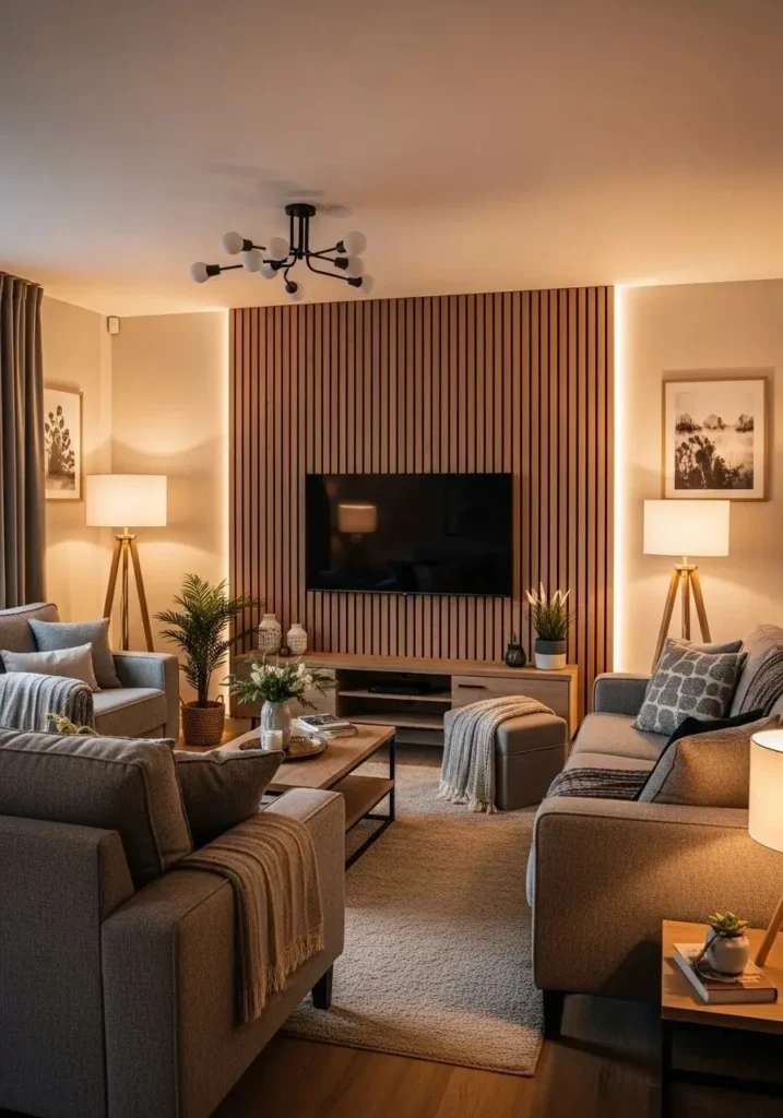 Living room TV wall with vertical wood slat design.