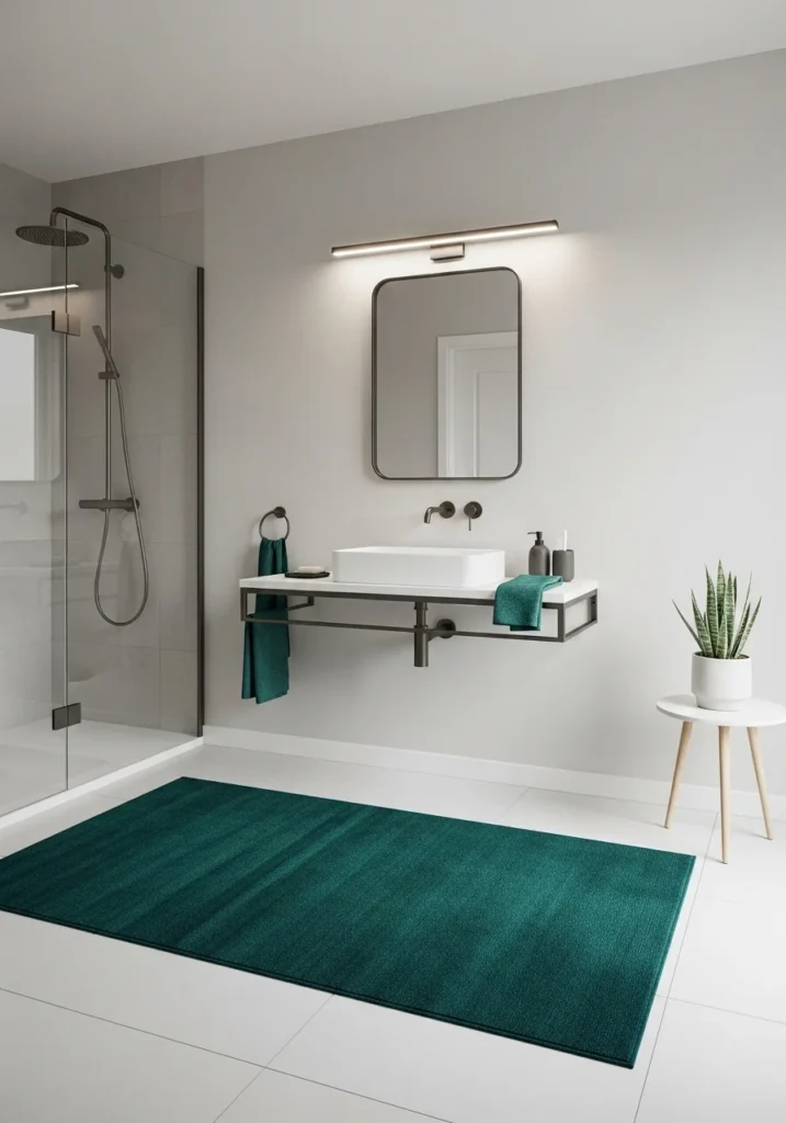 Bold colored bathroom rug creating a statement look