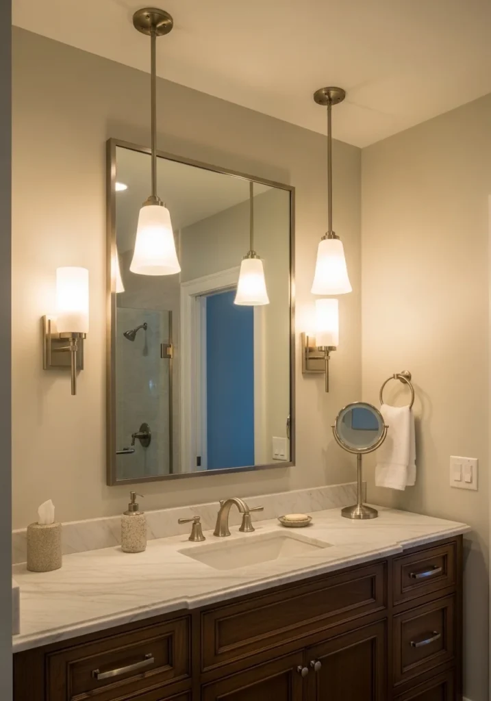 bathroom with layered lighting and wall sconces