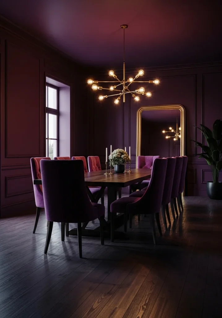 Deep plum color drenched dining room with brass lighting.