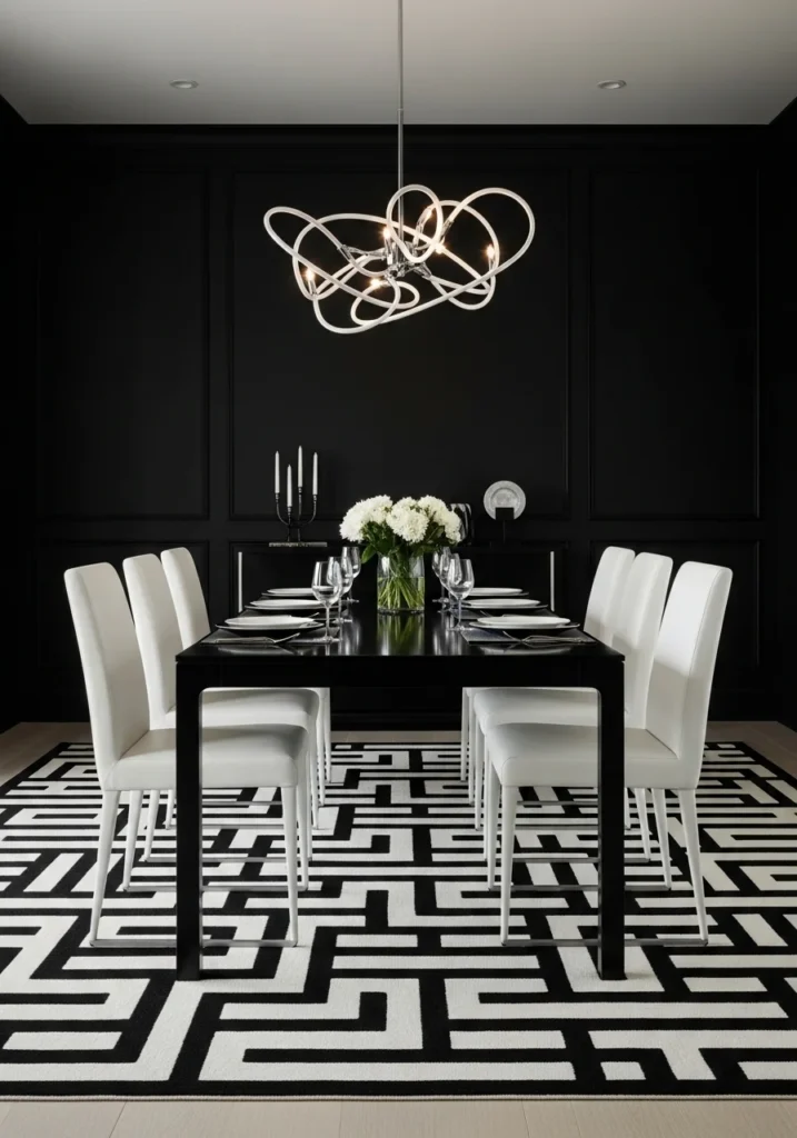Black and white dining room with strong contrast and modern styling.