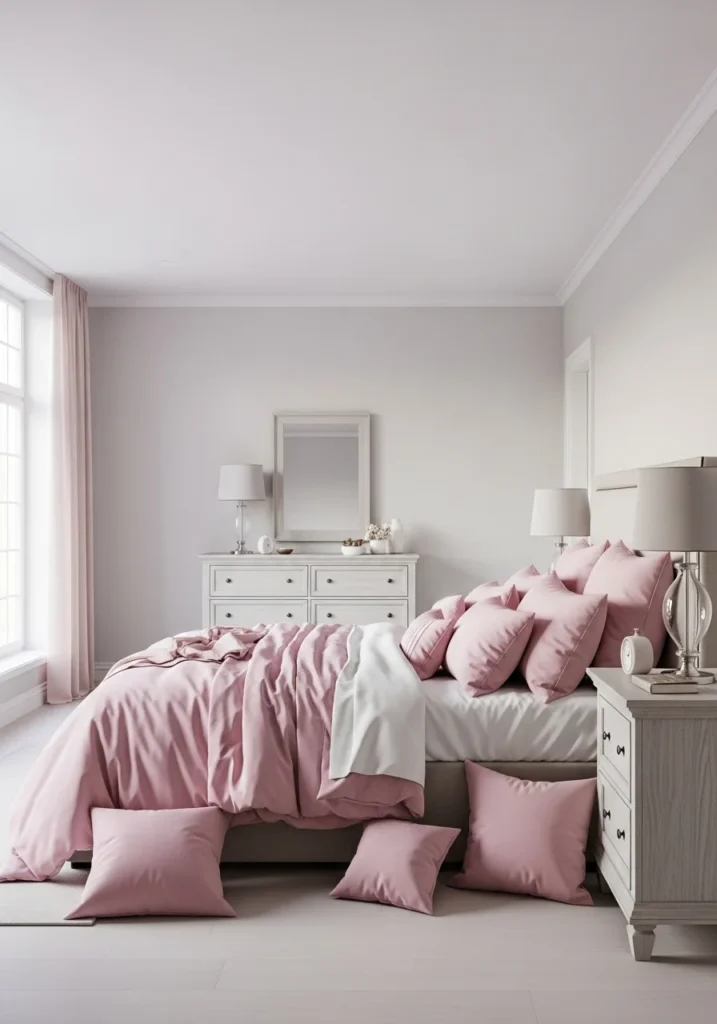 Bedroom with pink bedding paired with neutral-toned furniture