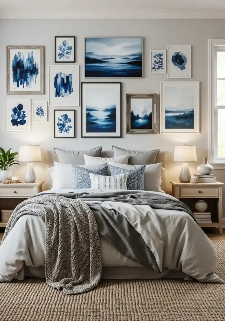 Blue gallery wall adding personality and artistic style to a cozy bedroom