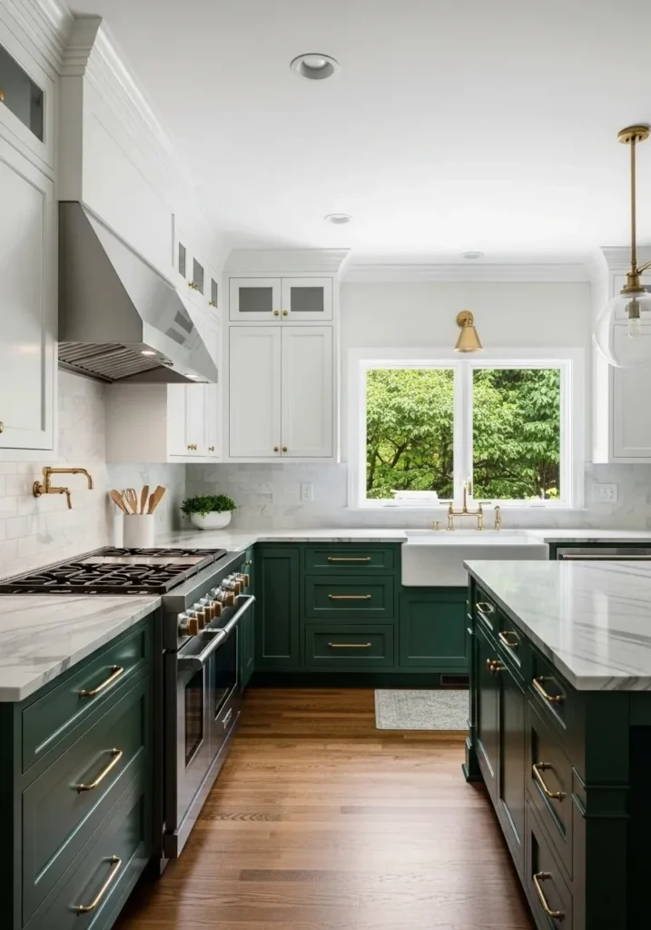 Kitchen with deep forest green lower cabinets, white upper cabinets, and marble countertops.