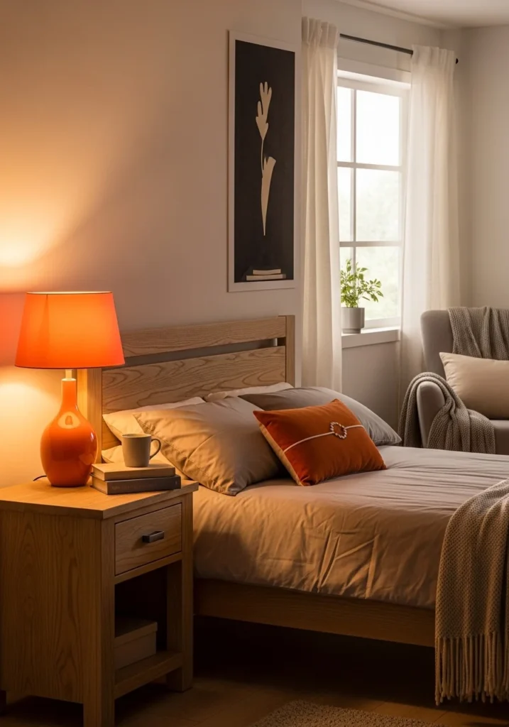 Bedroom with a tangerine lampshade casting a warm glow on neutral furniture.
