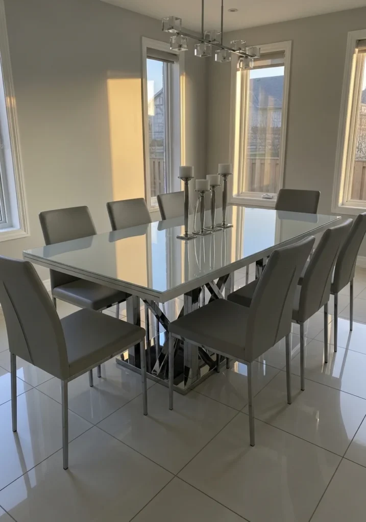 Modern glass-top dining table with metal base and minimalistic decor for a light and airy dining room.