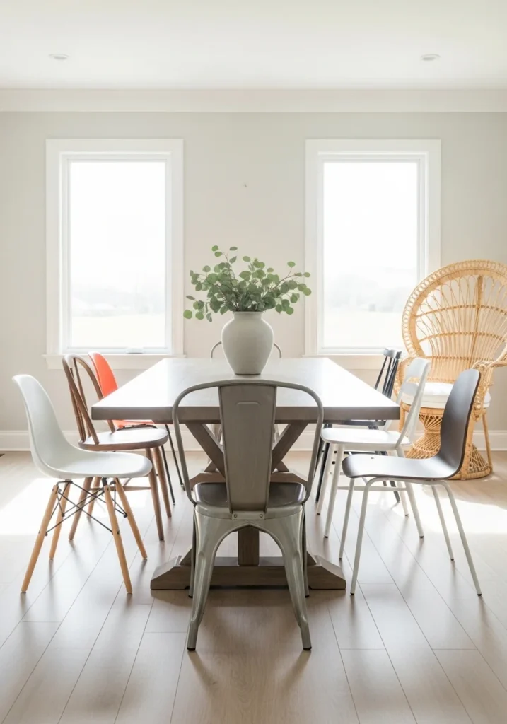 Dining room with mixed-color and mixed-style chairs around the table.