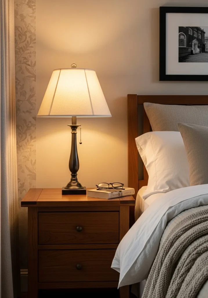 Classic bedside table lamp with cream shade on wooden nightstand in cozy bedroom