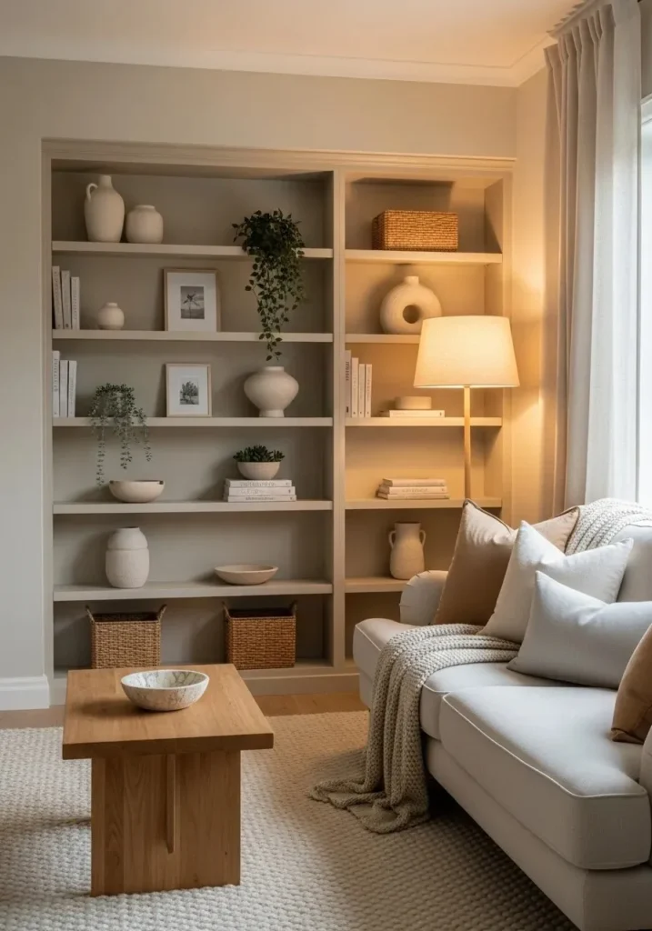 Neutral built-in shelves in living room creating a calm and cohesive design
