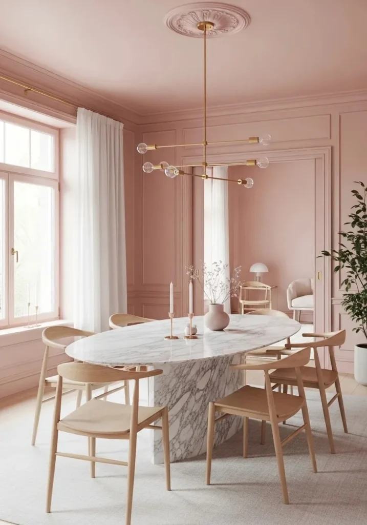 Soft blush color drenched dining room with marble table and brass lighting.