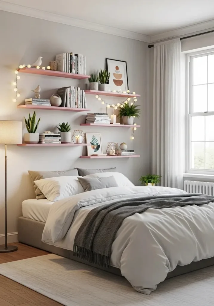 Pink floating shelves displaying decor in a minimal bedroom setup