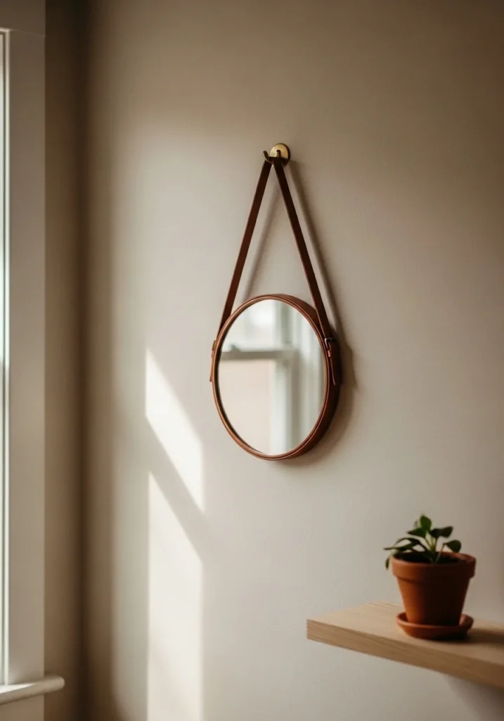 hanging mirror with leather strap adding texture to bedroom