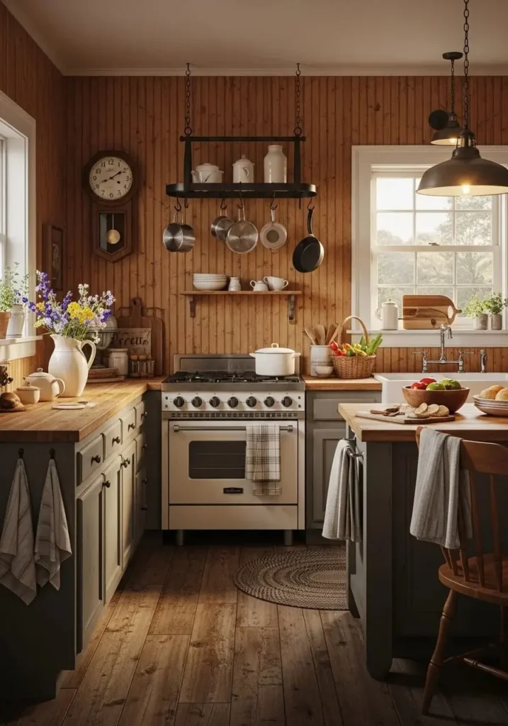 Wood toned beadboard backsplash in rustic farmhouse kitchen design