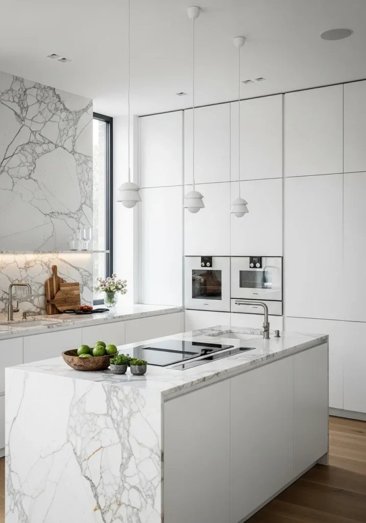 White kitchen featuring natural stone backsplash