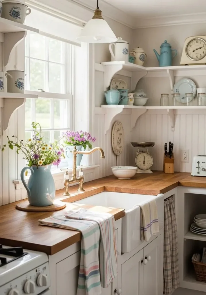 Beadboard kitchen backsplash with cozy farmhouse and cottage style design