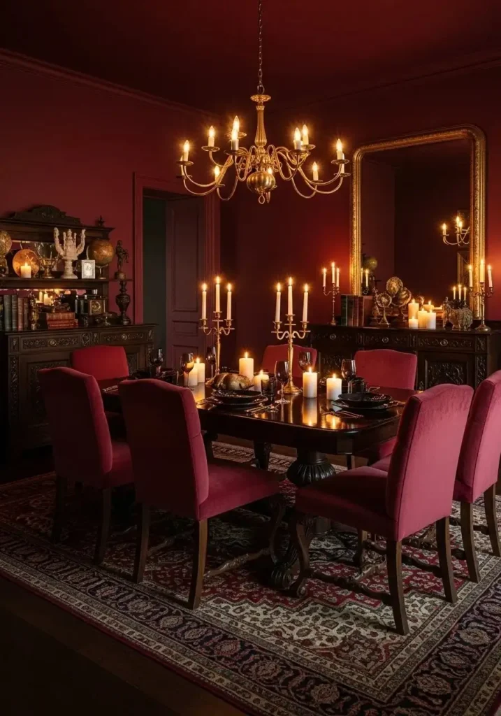 Burgundy color drenched dining room with velvet chairs and candles.