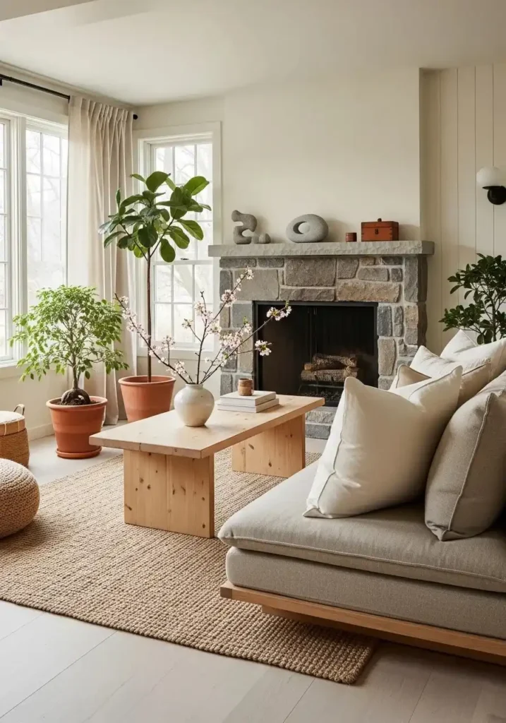 Japandi living room using natural materials like wood and linen