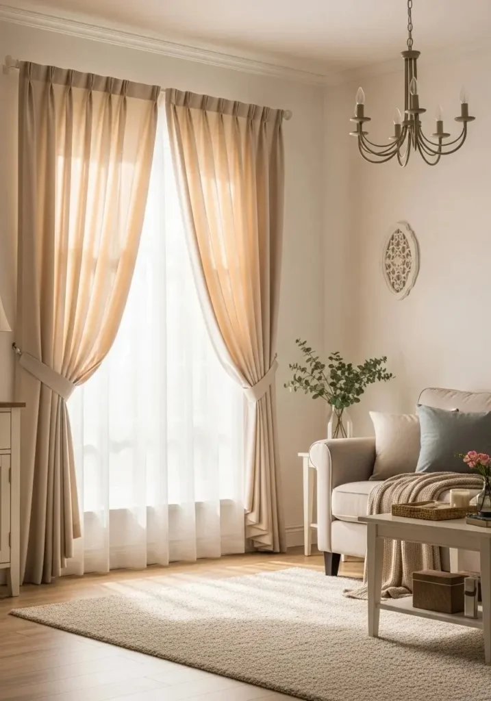 Floor-length curtains with tiebacks framing windows and letting sunlight into a living room.