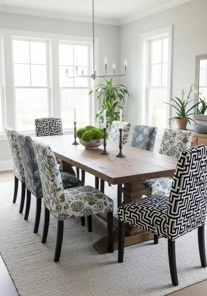 Dining room with patterned chairs around a simple wooden table.