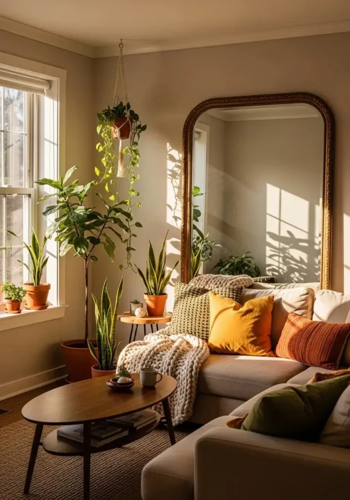 Mirror in living room reflecting light and creating the illusion of a larger space