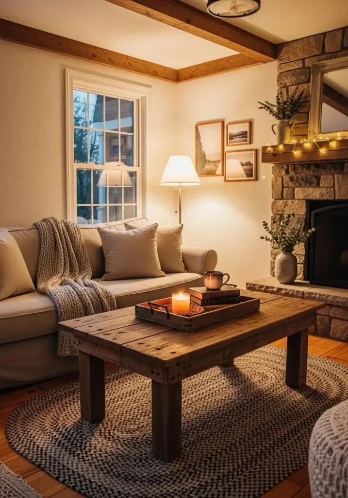 rustic wood coffee table in farmhouse living room