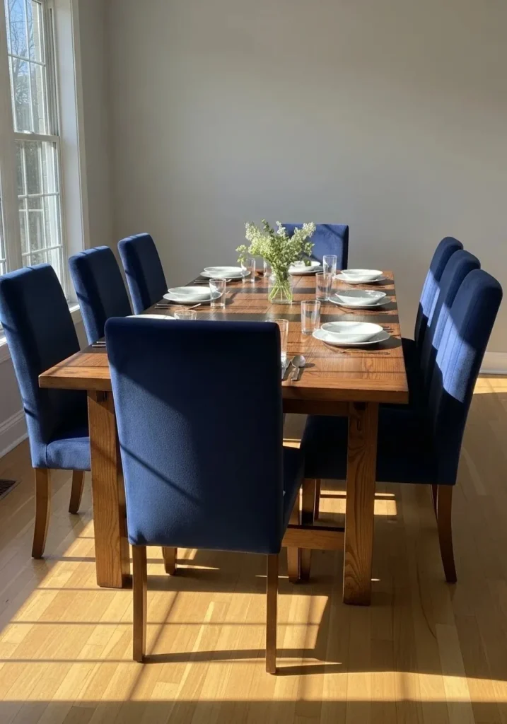 Blue dining chairs paired with wooden table in cozy dining room.