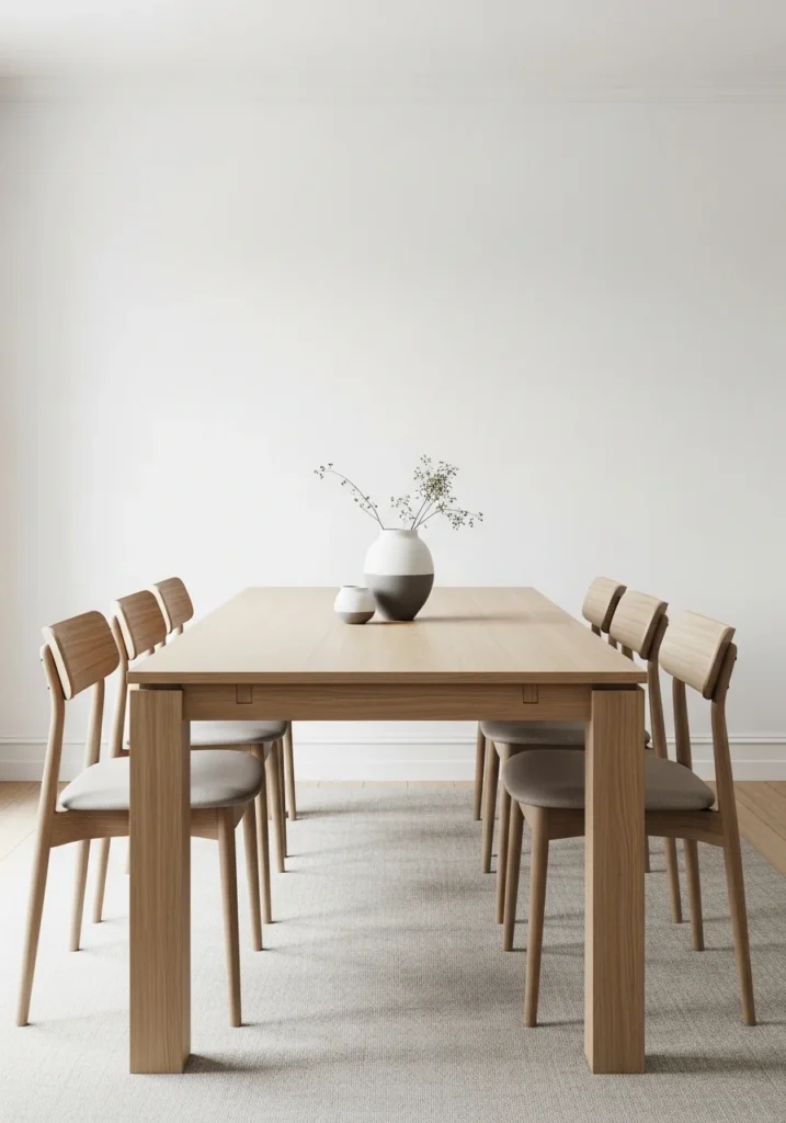 Minimalist wooden dining table with neutral decor in a clean and simple dining space.
