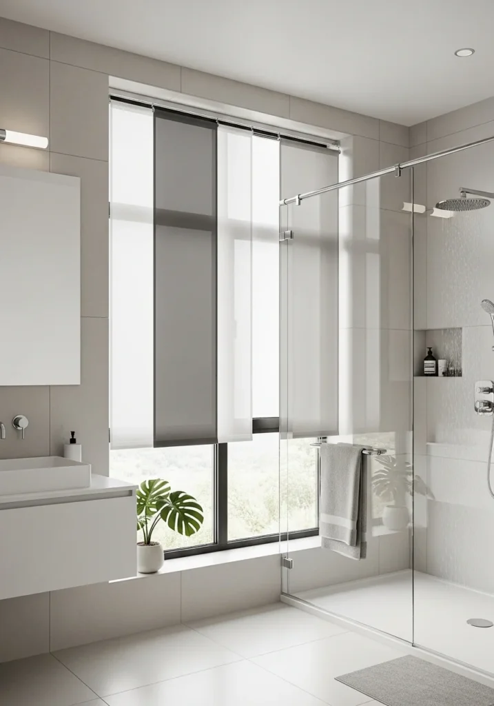 Bathroom featuring waterproof curtain panels that provide style and durability in high-humidity areas.