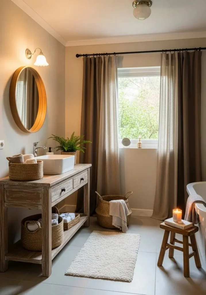 earthy neutral bathroom curtains cozy warm bathroom decor