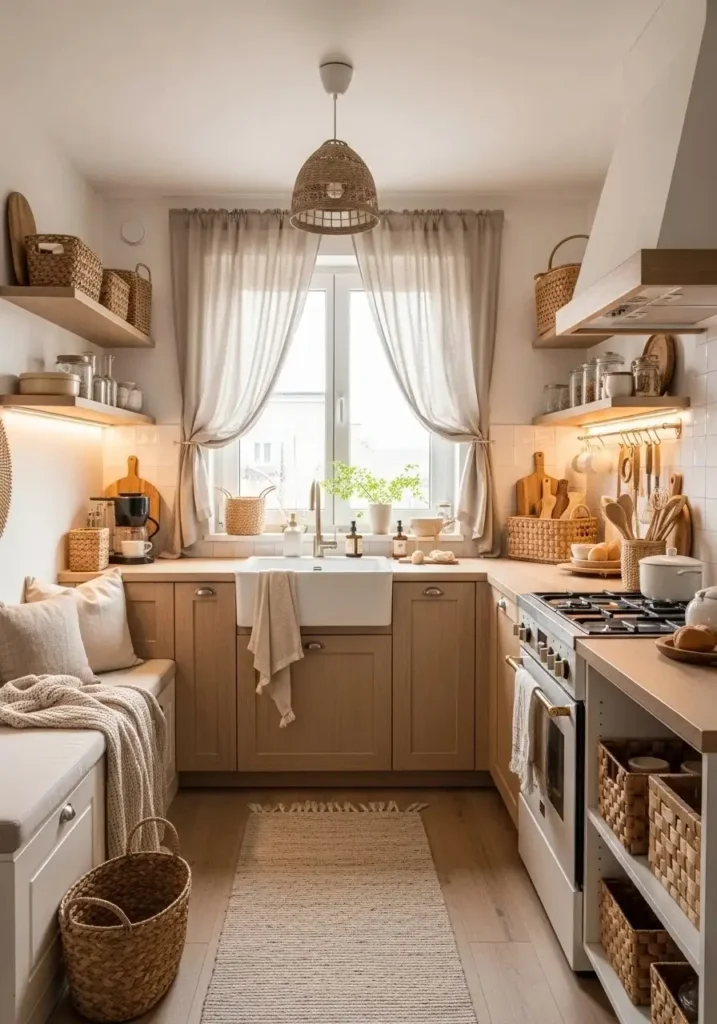 Japandi kitchen with natural fiber decor adding warmth and texture.