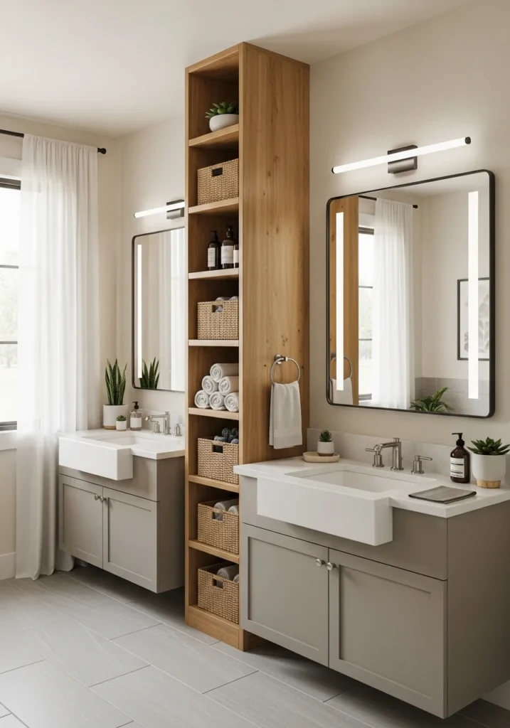 Double sink vanity with central storage tower and open shelves for organized space.