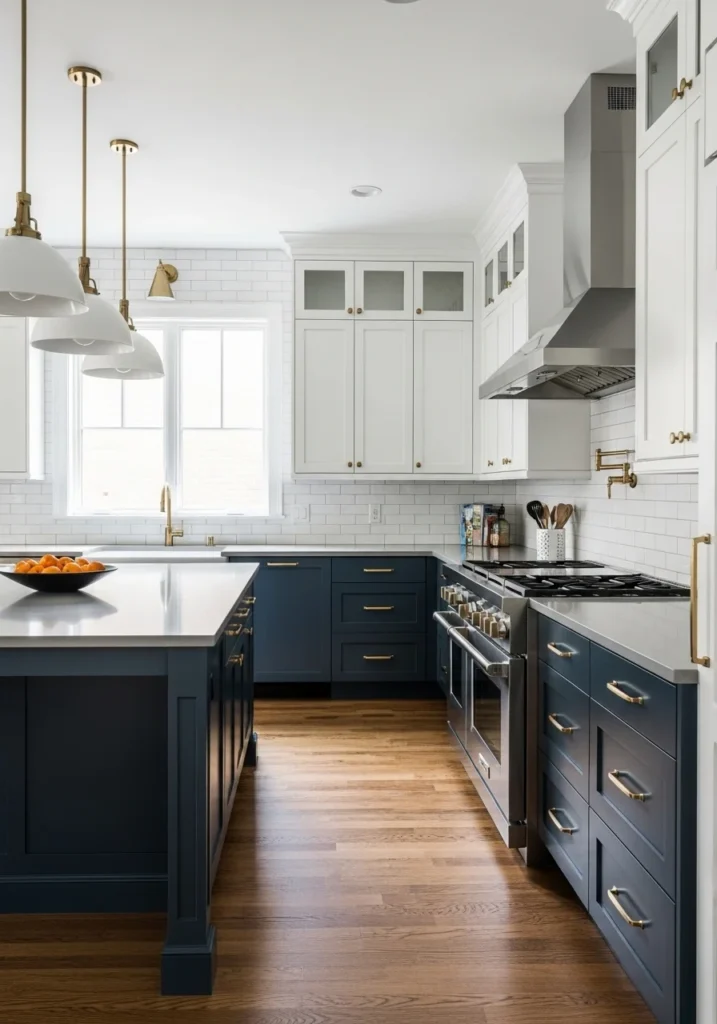 Kitchen with navy blue cabinets and brass hardware.