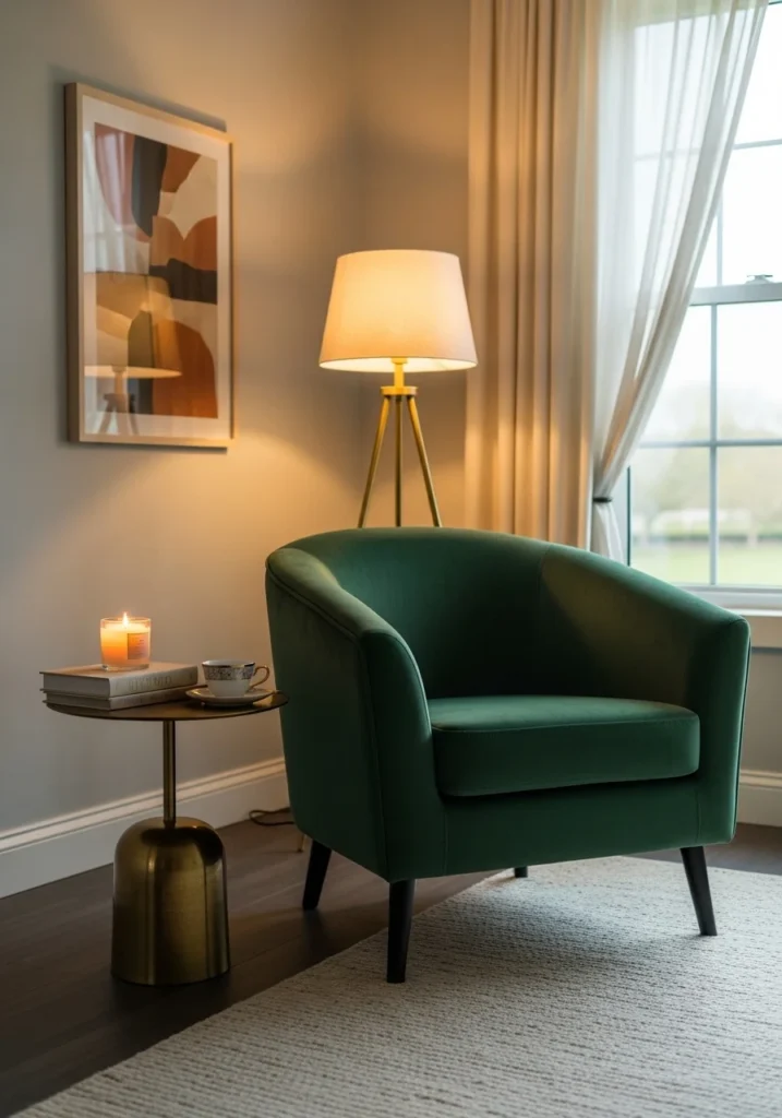 Velvet accent chair adding luxury and warmth to living room