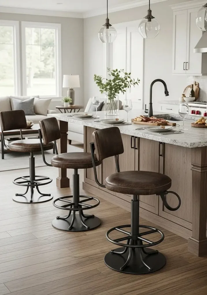 Swivel bar stools at a kitchen island for flexible and social seating.