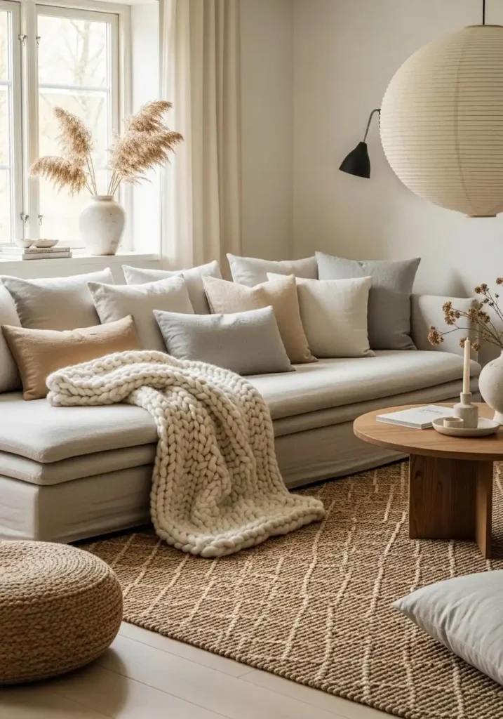 Japandi living room with layered textures creating cozy atmosphere
