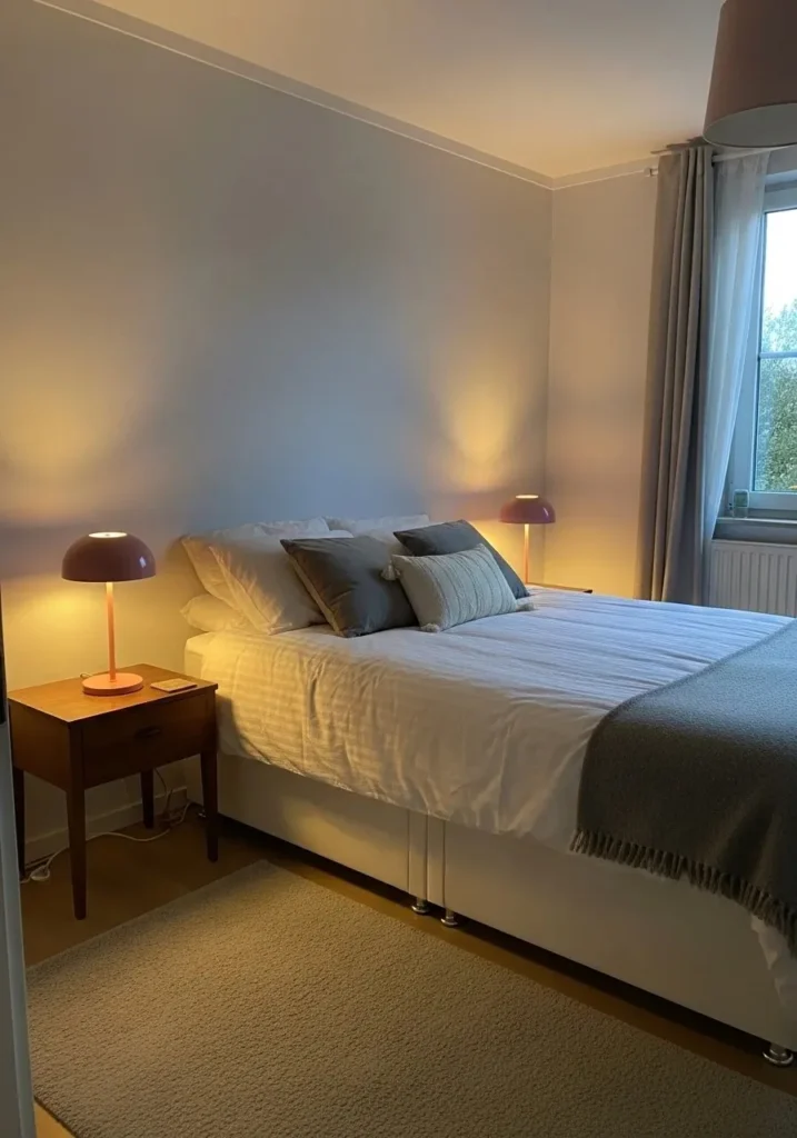 Bedroom with pink table lamps casting a soft warm glow
