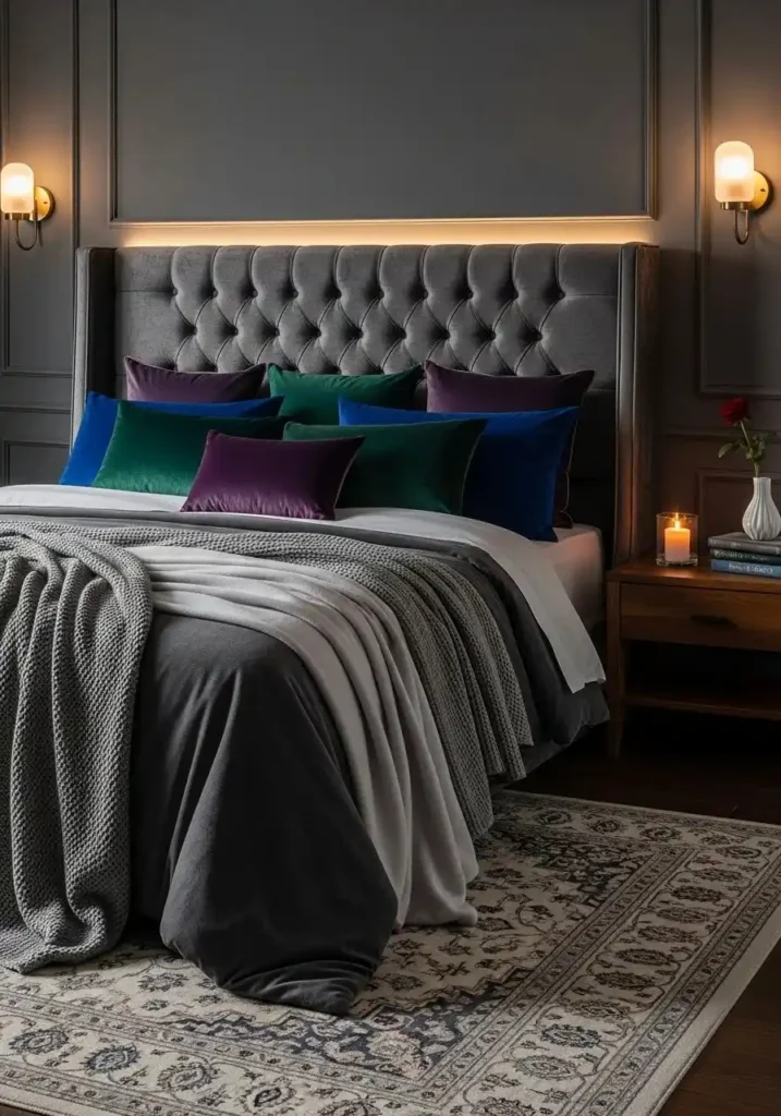 Moody dark gray bedroom with velvet accents and cozy textures